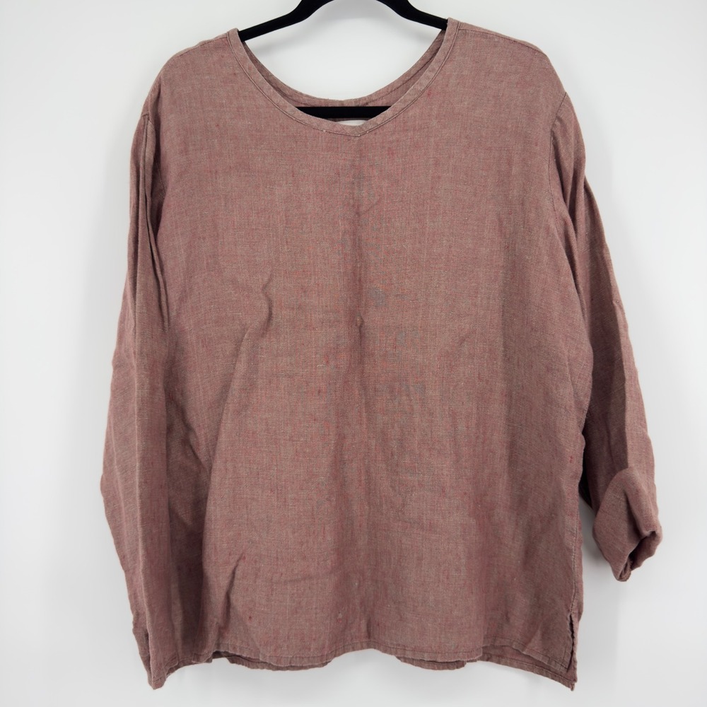 FLAX by Jeanne Engelhart Women Small Pink Linen V-Neck Long Sleeve Boxy Top